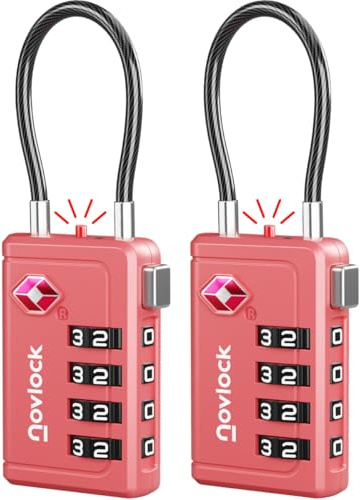 TSA Bagagelås med Alertindikator – 4-siffriga Kombinationslås med Flexibla Kabellås – För Resväskor, Kabinväska, Ryggsäckar, Bagage och Skåp – 2-pack rosa