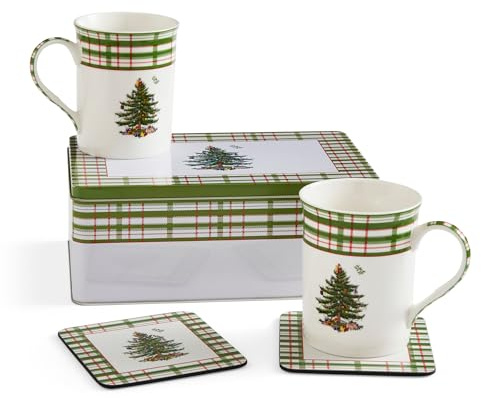 Spode Weihnachtsbaum-Jahreszahl 2025, Becher und Dose, 5-teiliges Set | 340 ml Tassen, passende Untersetzer und Box, 5 Stück
