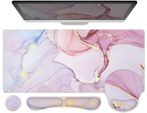 Ovenbird Mouse Pad Set 4-in-1 | Large Gaming Mousepad, Keyboard Wrist Rest, Mouse Wrist Support, Coaster | Ergonomic Office Desk Mat Accessories for Women Men | 4PCS, 35.4 x 15.7in, Pink Marble