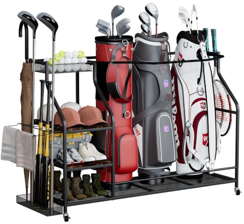 WUDLEP Golftaschen-Aufbewahrungsregal, Golftasche und Ausrüstungsständer mit Rollen, Golftaschen-Organizer mit seitlicher Aufbewahrung für Garagen, Keller, Golfplätze, Schläger