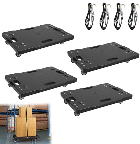 YRHome 4 transportrullar, möbelrullare, flytthjälp, utdragbar rullbräda, möbeltransporthjul, lastkapacitet upp till 600 kg med 4 linor, svart rullbräda för flytt och verkstad