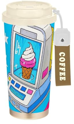 Amooorous Vaso de viaje de café decorativo azul con tapa para llevar con diseño de frutas y helados, de verano, de acero inoxidable, para bebidas frías y calientes, 481.9 g