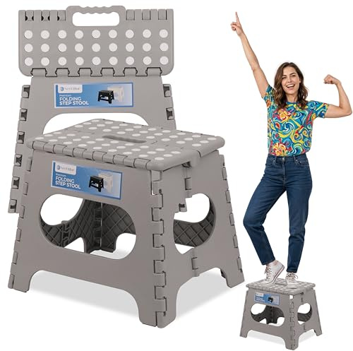WedDecor Heavy Duty 11 Inch Folding Step Stool for Kids & Adults, Portable Non Slip Plastic Step Up Stool with Carry Handle for Camping, Kitchen, Indoor/Outdoor Use, Holds 330lbs Load, Light Grey