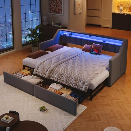NovaFurnish Daybett, Tagesbett, Schlafsofa, 90x200cm/180x200cm, Mit USB und Type-C, LED-Leiste mit Fernbedienung, Mit 2 Schubladen, Stauraumtaschen, Multifunktionales Ausziehbett, Ohne Matratze, Grau