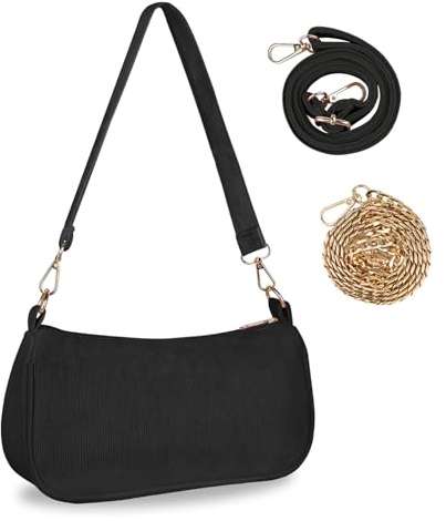 FITDON Handtasche Damen Klein Umhängetasche, Cord Hobo Bag Schultertasche Y2K Crossbody Bag Mini Retro Achsel Tasche mit 3 abnehmbaren Schultergurten, Schwarz