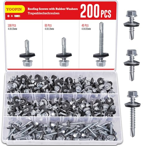 YOOPIN 200PCS Roofing Screws with Rubber Washers, Galvanized Carbon Steel M4.8 Self Tapping Screw, 3 Sizes Self Drilling Screws for Metal, Hex Head Screw for Corrugated Roof Fixings