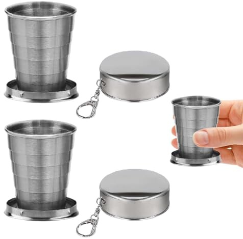 2 Stück Edelstahl Faltbecher,Becher Faltbar Edelstahl,Tragbar Edelstahl Faltbecher Teleskop Becher mit Schlüsselanhänger für Outdoor-Aktivitäten, Täglichen Gebrauch, Reise, Picknick und Wandern(75ml)
