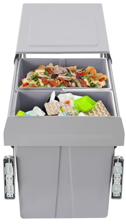 whsiodj Double Pull Out Trash Can 2x20L Cabinet Mounted Silent Slide Rail Waste Sorting Bins Space Saving 49x35cm for UK Kitchens Grey Iron & Plastic Recycling System