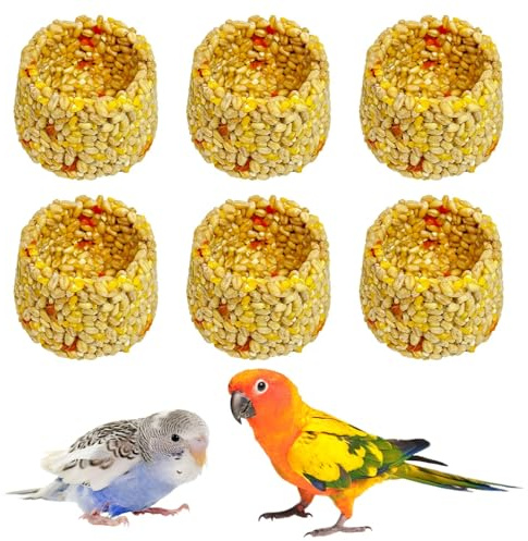 PINVNBY 6 PCS Parrot Treats Natural Oats & Corn Flakes Cockatiel Treats Bowl Shape Budgie Snacks Edible Bird Chewing Toys for Parrots Parakeet Conure Lovebird Finch Canary
