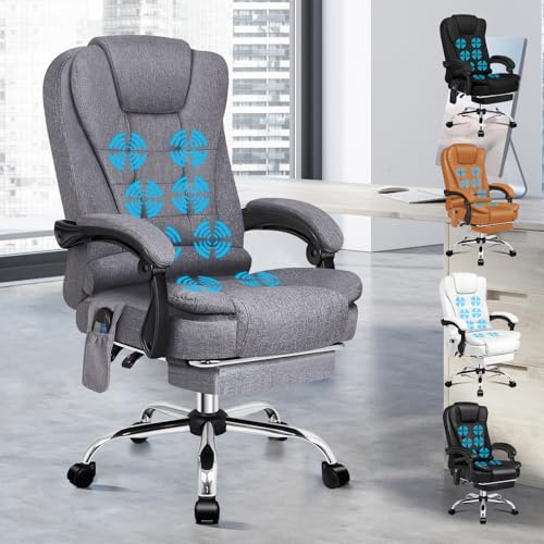 ALFORDSON Ergonomisk kontorsstol, skrivbordsstol med värmemassagefunktion, linnetyg, datorstol med vadderade armstöd och mjukt nackstöd, snurrstol med hjul, grå