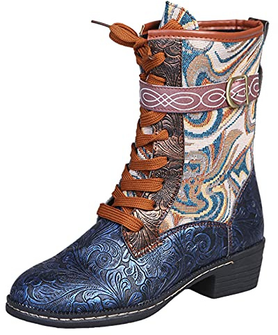 Tronchetto da donna con tacco – Stivaletti da donna retrò eleganti etnici scarpe tradizionali con lacci, stivaletti western, stivali da mezza stagione ricamati, Blu, 40 EU