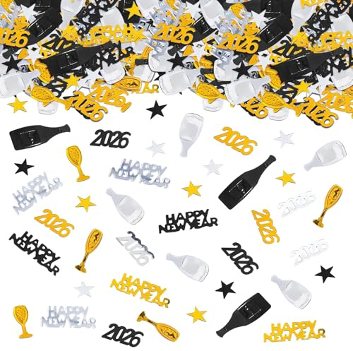 Konfetti Tischdeko Happy New Year 2026 Deko, Konfetti Streudeko Silvester Deko 2026, Glitzer Silvester Tischdeko, Happy New Year für Neujahr Partygeschenke Dekorationen(Schwarz Gold Silber)