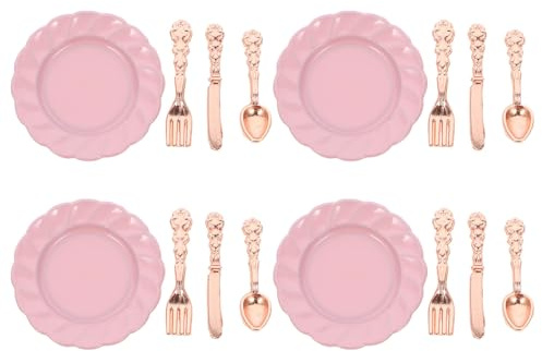 Mikikit Set Mini Stoviglie in Lega per Casa delle Bambole 4 Piatti Rosa e 12 Posate in Miniatura Accessori Giocattolo Educativi per Dettagli Realistici e Compatto per Giochi di Ruolo