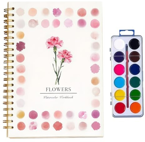 Water Colour Workbook for Beginers, Flowers Watercolour Painting Book Set Painting Guide with 12-Colour and Paintbrush Suitable for Watercoloring Beginers (28 Pages)