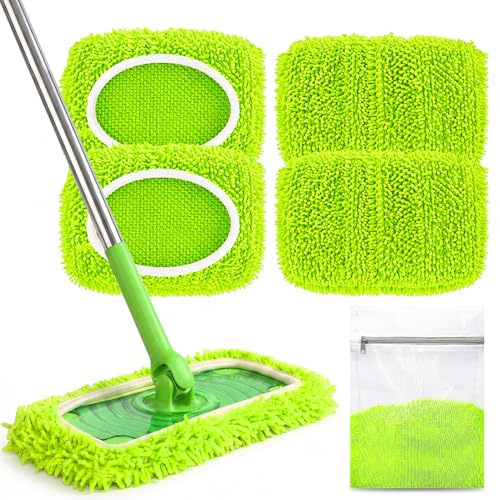 TOPESCT 4 Piezas Recambios para Swiffer Wet y Seca, 25x11 cm Almohadillas de Microfibra y Felpilla con Bolsa de Lavado, Mopas Reutilizables para Suelos, Ventanas y Pelo de Mascotas