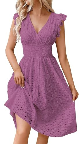 Generisch Vestito midi da donna, tinta unita, con scollo a V, maniche corte e frange, sciancrato e leggero, elegante abito estivo lungo al ginocchio, sottile, alla moda per le vacanze
