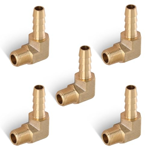 Boeray 5pcs Brass Hose Barb Fittings 90 Degree Elbow 1/4 Inch Barb to 1/8 Inch NPT Male Thread Air Hose Fittings Adapter Connector Water Fuel Air Line Fittings Elbow Fittings