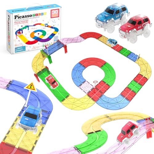 PicassoTiles Magnetic Race Track Toys Car Tracks Set for Toddlers Magnet Building Blocks Tiles Sensory Toys for Kids Include 2 Trucks STEM Engage in Thrilling Races Age 3+ Year Old Boys Girls