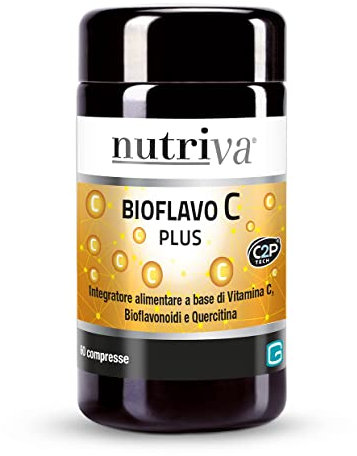 NUTRIVA Bioflavo C Plus, Integratore Alimentare a base di Vitamina C. Antiossidante, supporta il sistema immunitario. Fonte d'energia, riduce stanchezza e affaticamento. 60 compresse. Vegan C2P® Tech