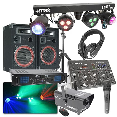 MAX DJ Set Komplett - 700 W Lautsprecher Musikanlage, HiFi Verstärker mit Karaoke Mikrofon, Vonyx 8 Kanal DJ Mischpult Bluetooth, 500 W Nebelmaschine Mini, DJ Lichtanlage Lichtorgel mit RGBW-Licht