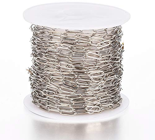 Beadthoven Messing-Büroklammer-Gliederkette, 7,6 x 2,6 mm, flach, oval, gelötet, gezogene, längliche Kabelkette, platiniert, mit Spule für Armbänder, Fußkettchen, Choker, Schmuckherstellung