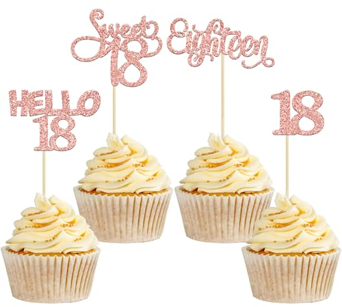 Gyufise 24Pcs Rose Gold Glitter 18th Birthday Cupcake Toppers Sweet 18 Hello 18 Eighteen Cupcake Picks for 18th Birthday Cake Decorations Supplies