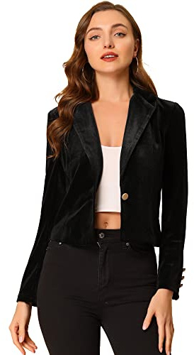 Allegra K Damen 1 Knopf Samt Blazer Revers Business Büro Crop Anzug Jacke, schwarz, X-Small