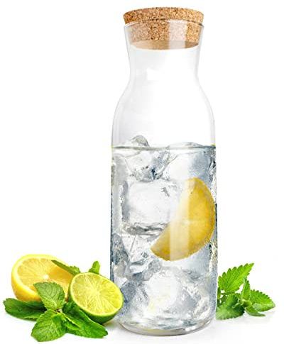 Sendez Jarra de cristal de 1 litro con tapa de corcho, jarra de agua, decantador, transparente
