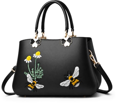 VARLIVOO Elegant Damen Handtaschen Stickerei Schultertaschen Frauen Umhängetasche Taschen Reisen Shopper Taschen Damen Taschen Crossbody Bag Arbeit Reisen PU Leder Schwarzes B