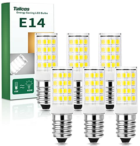 Tailcas E14 LED Birne Kaltweiß, 4W E14 Lampe 6000K Kühlschranklampe Ersatz für 40W Glühlampe, 400LM, AC 220-240V, für Dunstabzugshaube Nähmaschine Wohnzimmer, Nicht Dimmbar, 6er Pack