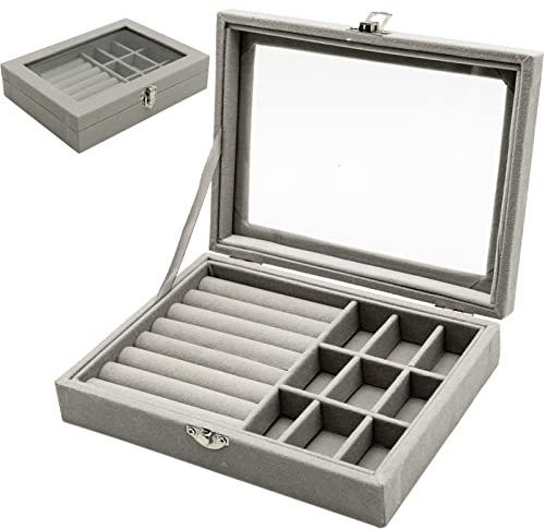 Jewellery Box Organiser 9 Grids Jewelry Storage Case, Velvet Lockable Jewellery Organiser, Removal Tray, Ring Storage Slot, Ring Jewellery Display Storage Box Tray for Rings Earrings Necklace - Grey