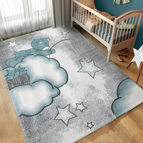 Carpettex Kinderteppich süße Bär Design Blau 140 x 200 cm - Kurzflor Teppich Kinderzimmer für Mädchen und Jungen Pflegeleicht Weich - Waschbarer Spielteppich Babyteppich Gaming Teppich Babyzimmer