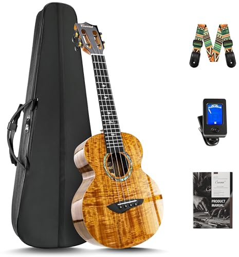 Caramel CAG28 Konzert-Ukulele aus Akazie, glänzend, gelockt, 58,4 cm, für Anfänger, handgefertigtes Ukulele-Starter-Set