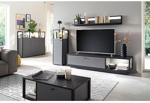 Lomadox Wohnzimmermöbel Set Wohnwand grau 5-teilig Modern mit anthrazit, 2 Highboards, 1 Lowboard, 1 Wandboard, 1 Couchtisch
