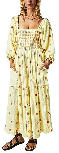 Acrawnni Women's Flower Embroidered Maxi Dress Long Puff Sleeve Square Neck Smocked Tiered Bohemian Flowy Dress Beach Long Dress