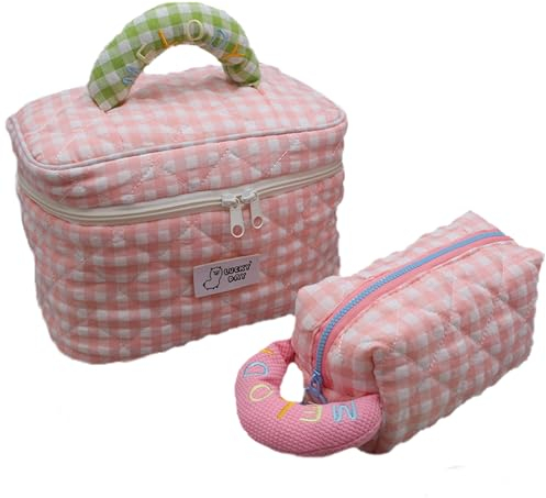 Makukke Kosmetiktasche Damen Mädchen Aesthetic Make up Bag 2 Pcs Reise Kulturtasche Baumwolle Kosmetiktasche für Damen und Teens,Rosa