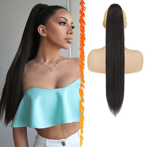 BARSDAR Largo Liso Cola de Caballo Extensiones - 66cm Negro Extensiones de Pelo Coleta con Cordón Sintetico Cola de Caballo Postizos Clip in Postiza de Pelo para Mujer - Negro Natural