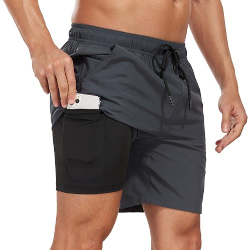 Milaloko Herren Badehose Schnelltrocknend Badeshorts Kurzen Strandhose Sporthose Schwimmhose Boardshorts mit Kompressionsfutter, Grau, M