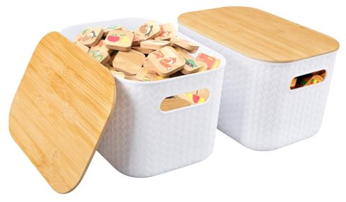 2 PCS Storage Box with Bamboo Lids,Storage Basket Stackable Storage Box,Plastic Storage Containers with Handle,Bread Holder Bin for Kitchen Countertop Organizer,White,25.5 * 18 * 15CM