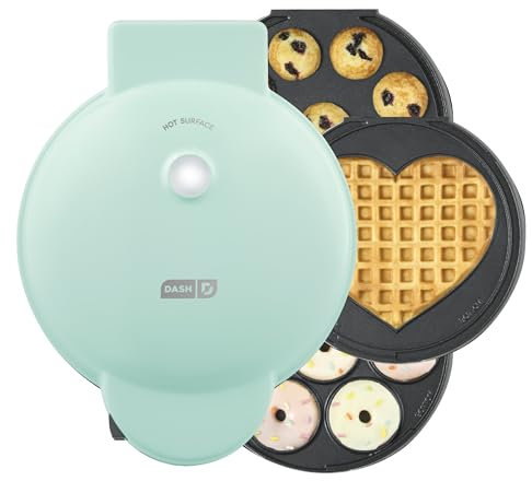 Dash MultiMaker® Treat Maker System - Make Mini Donuts, Cupcakes & Heart-Shaped Waffles - Interchangeable Plate Design - dishwasher safe Parts for Easy Cleanup - Aqua