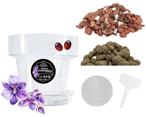 LiveLaif® Kit Transplante Orquideas: Maceta Orquidea Transparente ⊘12cm (Agujeros y Plato) + Sutrato Orquideas Premium con Corteza de Pino, Coco, Arlita, Perlita, Vemiculita, Abono NPK + Accesorios