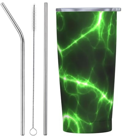 VOSERY Botella de agua de 20 onzas con tapa y popote, vaso aislado de rayo verde, vasos de acero inoxidable, taza de café de viaje, vaso personalizado
