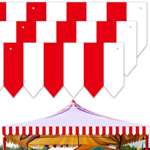 Set di 3 decorazioni per feste a tema circo, baldacchino a strisce bianche e rosse, bandiere sospese, tenda da circo, copertura in plastica