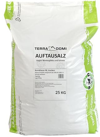 TerraDomi Streusalz 25kg | Gegen Winterglätte und Schnee | Kornklasse M | Auftausalz | speziell für niedrige Temperaturen | Ideal geeignet für die Streuung auf öffentlichen und privaten Flächen