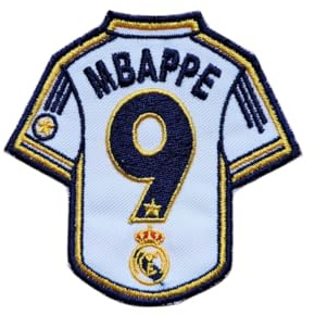Aufnäher in Form eines Trikots, Fußballmannschaft und Spielername, zum Aufbügeln oder Nähen, 1 Stück, 8 cm x 6 cm, bestickt, Madrid, Mbappe