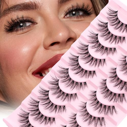 GEMERRY 10 Pares Pestañas Postizas Naturales Pestañas de Visón Falsas con Pegamento Wispy Russian Strip Lashes Fluffy False Eye Lashes Cat Eye(LZ-209)