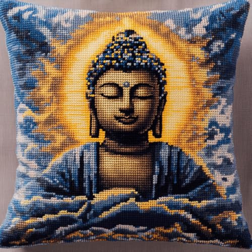 Henypt Kit Point Noué Coussin, Crochet de Verrouillage Kits de Coussins avec Crochet, Tapis Point Noué à Faire, Coussin au Point Noué 43x43cm(Statue majestueuse de Bouddha)