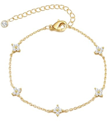 Bheop Bracelets for Women 14K Real Gold Plated Bracelet Small Clover Flower Charm Cubic Zirconia Pendant Stackable Link Chain Hypoallergenic Body Jewelry Cute Trendy Gifts