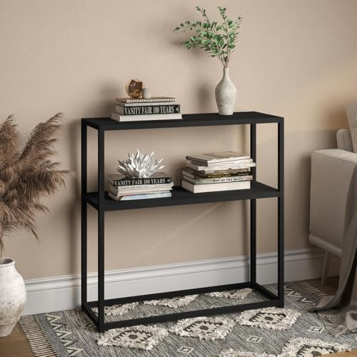 skølm Skadi Konsolentisch 80x28x80cm, Flurtisch mit 2 Ablagen, Schwarz | Metallregal, Flurtisch schmal, Beistelltisch mit Ablagefläche & verstellbaren Füße, Tischregal Flur/Wohnzimmer, Console Table