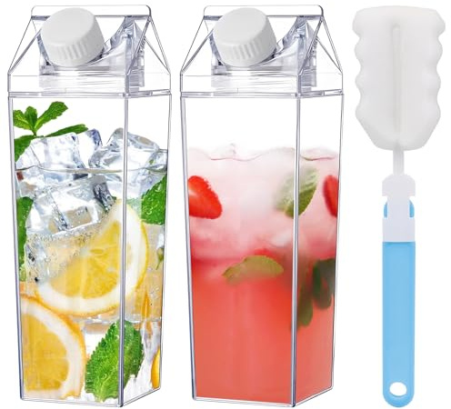 YunJoyous 2 stycken mjölkkartong vattenflaska, 1 000 ml transparent fyrkantig plastmjölklåda, robust och hållbar, tätning, bärbara juicebehållare, lätt att rengöra, för picknick, camping